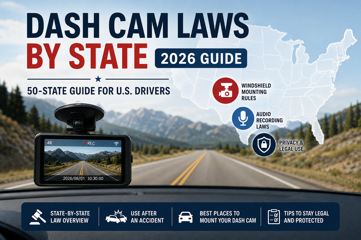 Dash cam laws by state 2026 guide covering windshield mounting, audio recording, privacy, and legal use across all 50 U.S. states.