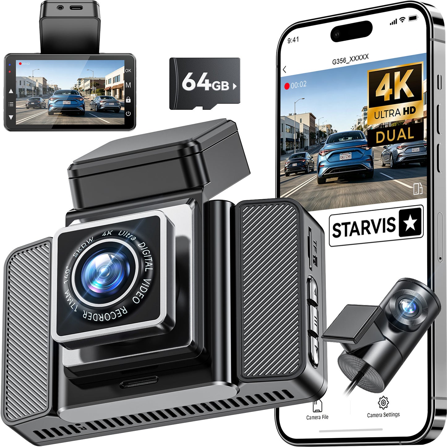 DAZA 4K+4K Dual Dash Cam Front and Rear, 5.8GHz WiFi Dash Camera for Cars, STARVIS Night Vision, 3" IPS Screen, G-Sensor, Parking Mode, Free 64GB Card