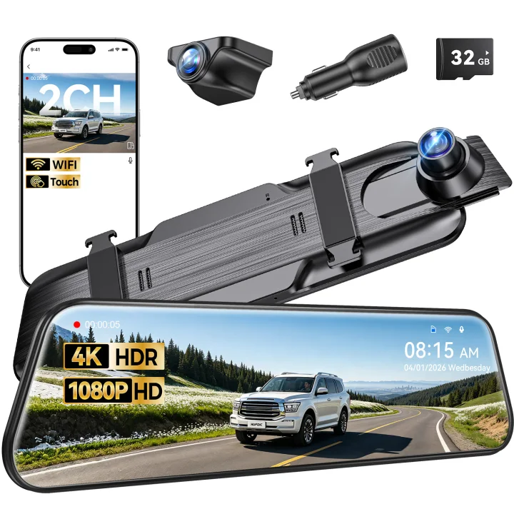 DAZA G332 10 inch 4K mirror dash cam with 1080P rear camera, car charger and 32GB card