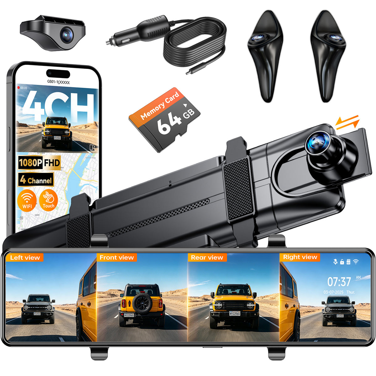 DAZA G501 4 channel mirror dash cam bundle with front, rear and two side cameras and 64GB card