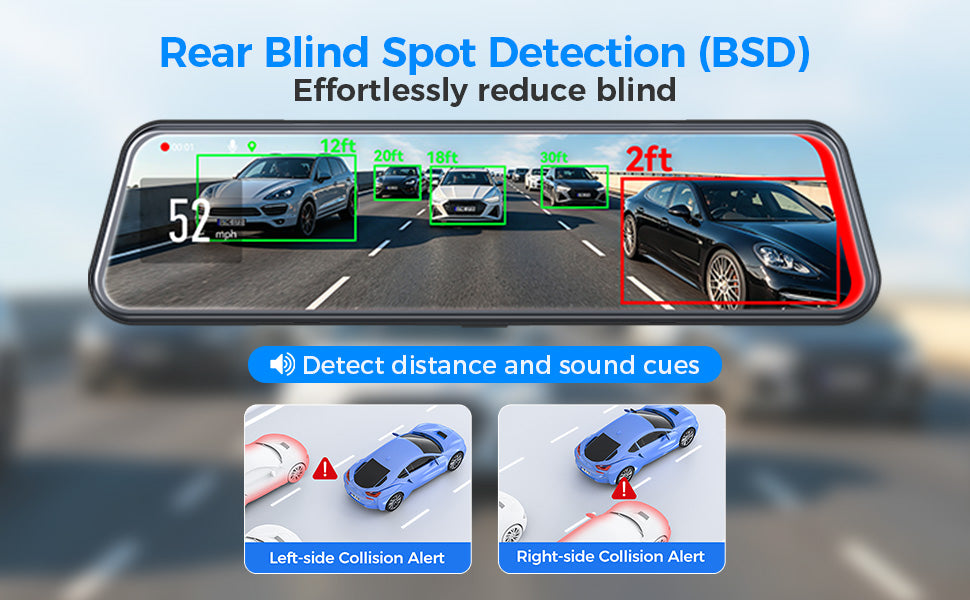 DAZA SQ12 rear blind spot detection showing distance and sounding an alert