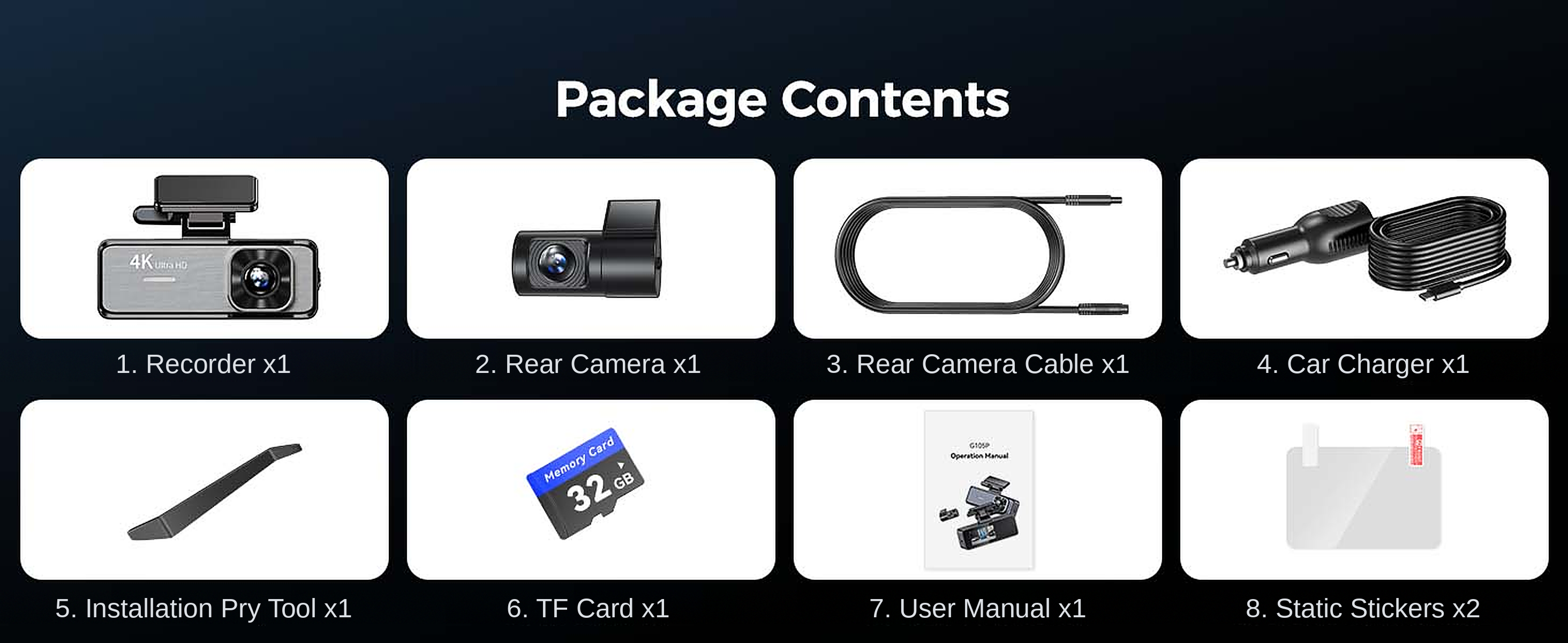 DAZA G105P in the box with rear camera, car charger, pry tool and 32GB TF card