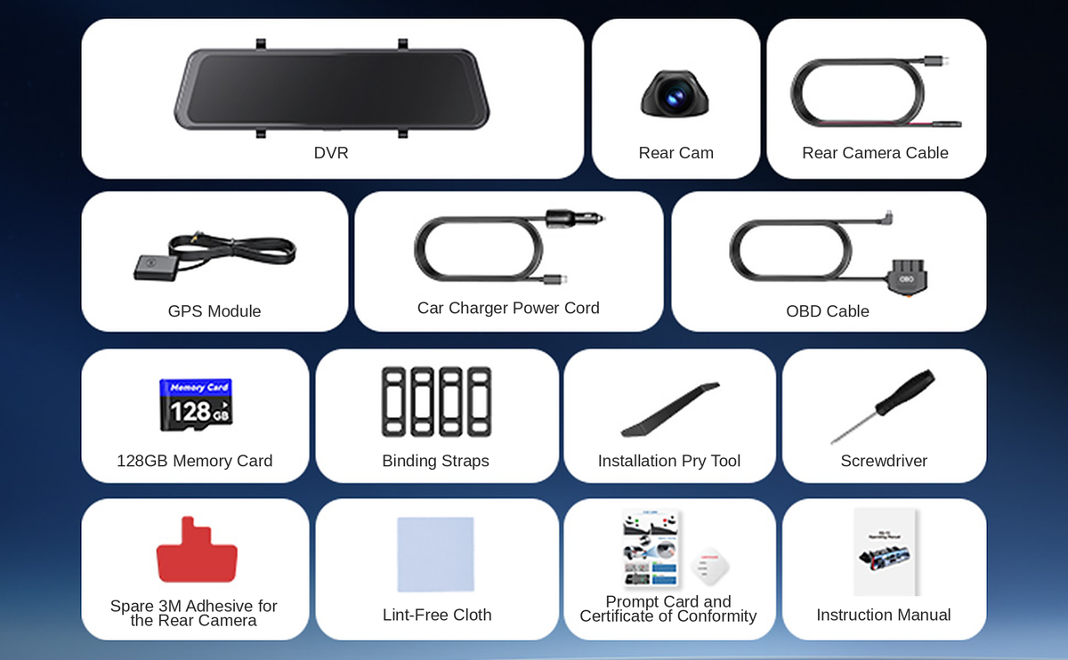 DAZA SQ12 in the box with rear camera, GPS module, OBD cable and 128GB card