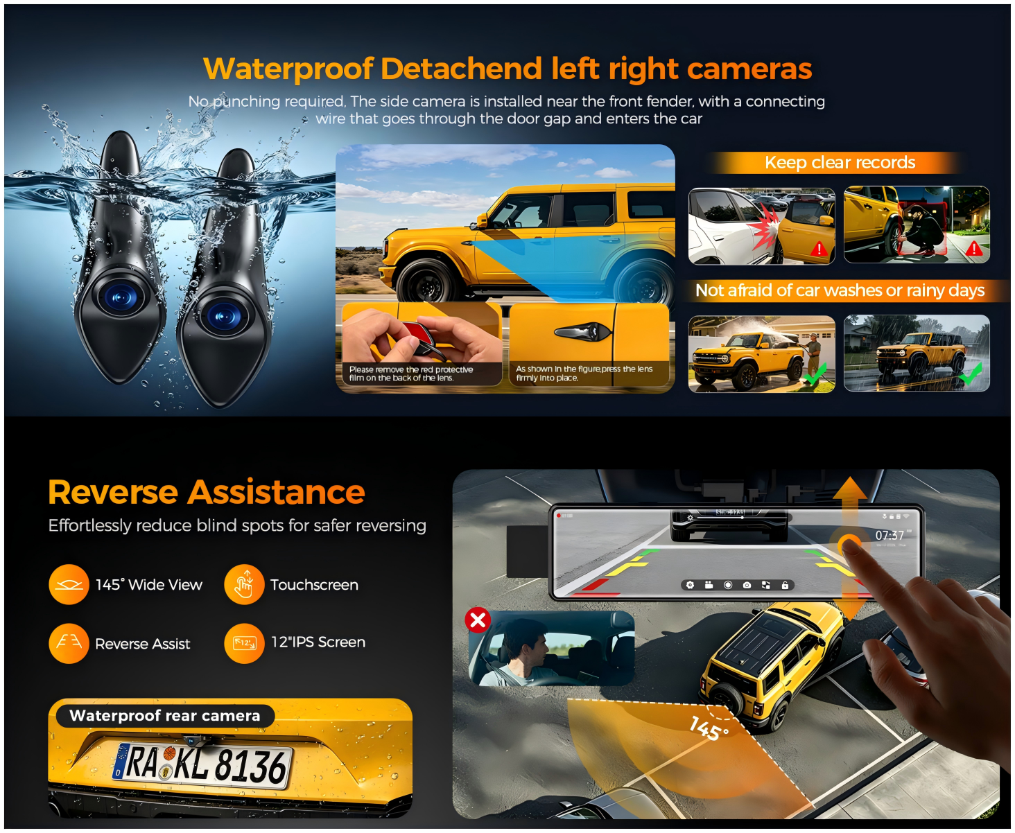 DAZA G501 waterproof side and rear cameras that mount with no drilling required